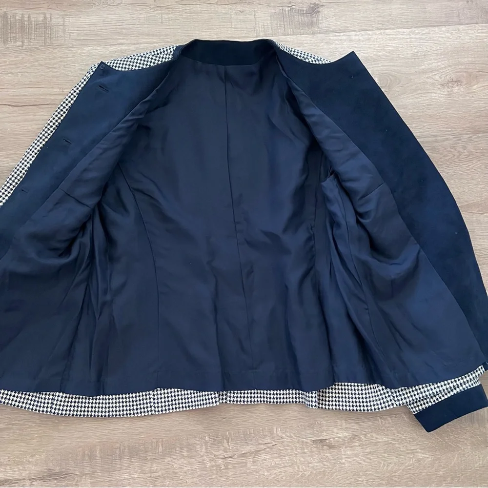 Collarless Leather‎ Feel Jacket Blazer Full Lined Navy White Lattice